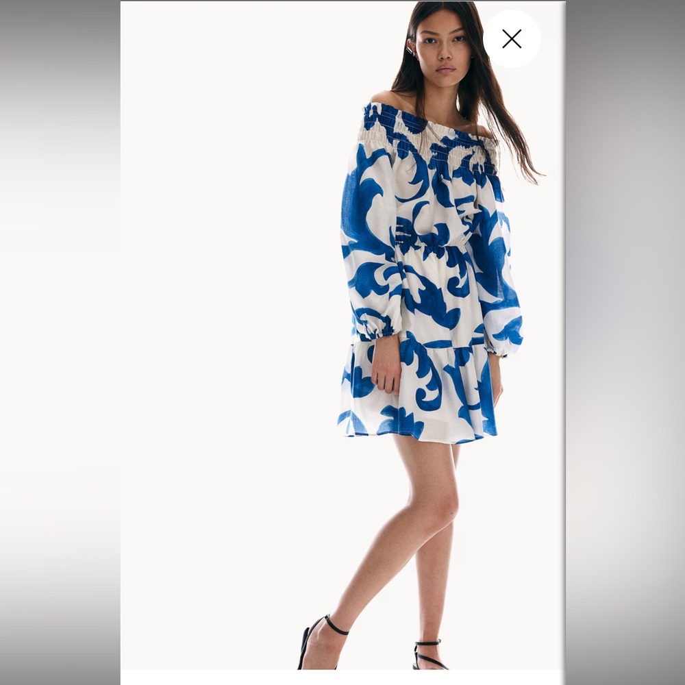 H&M Mini Blue and White Off-Shoulder Dress New Without Tags